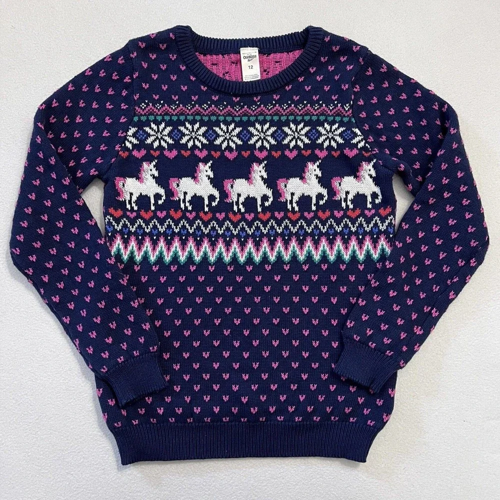 OshKosh B'Gosh Girl Blue PInk Fair Isle Silver Metallic Unicorn Knit Sweater 12